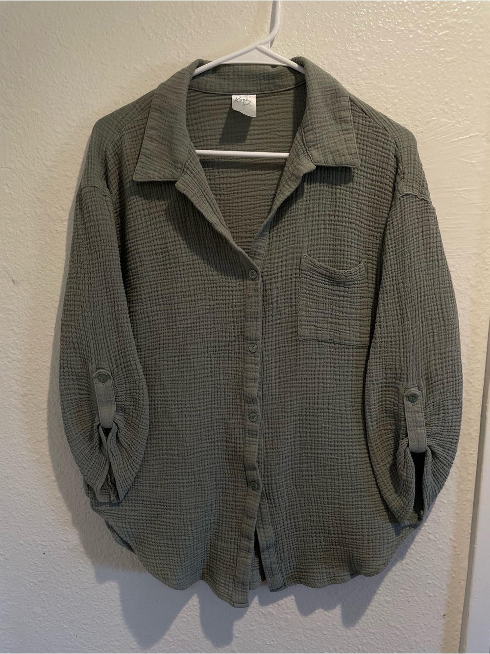 Kona Sol Sage Green Double Gauze Beach Coverup Button Up Shirt Coastal Small